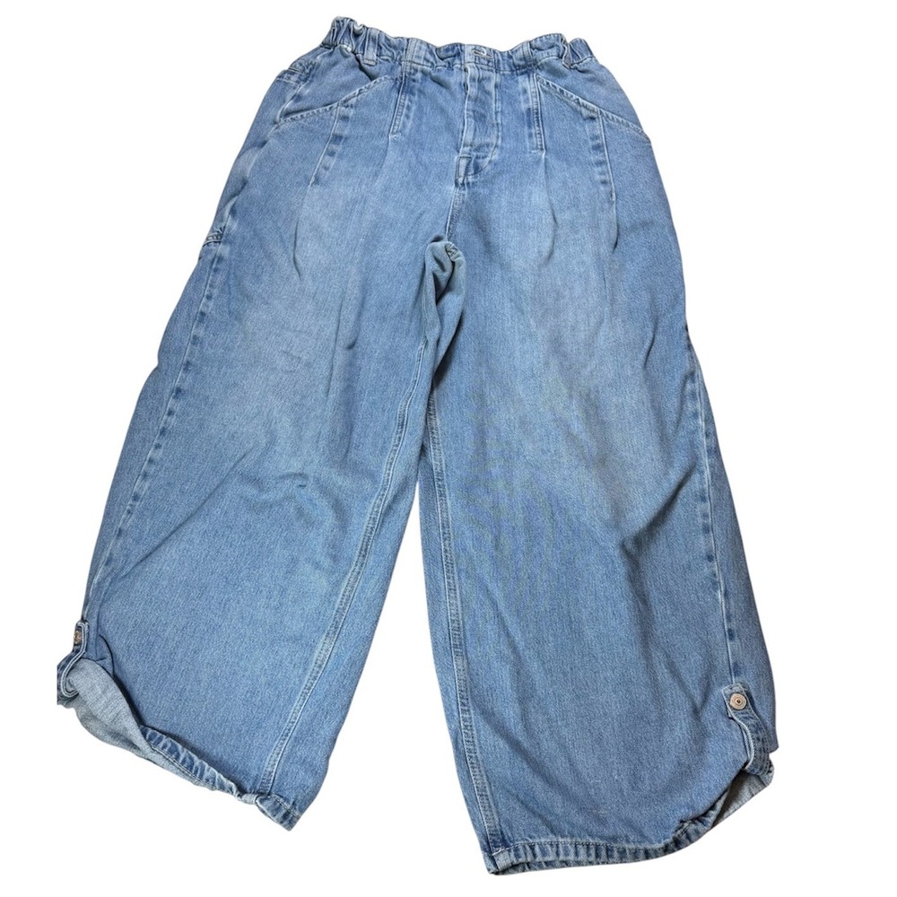 We The Free Free People Light Wash Wide Leg Pleated Elastic Waist Jeans Size M